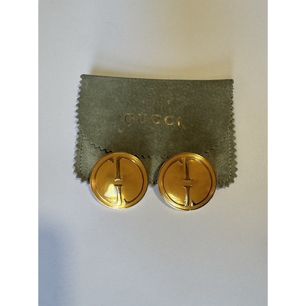 GUCCI Earrings Vintage GG Logo Clip On 1992 Gold Coin - Picture 2 of 11